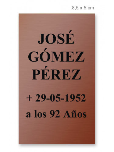 Placa vertical con acabado color bronce e inscripción negra para lápida